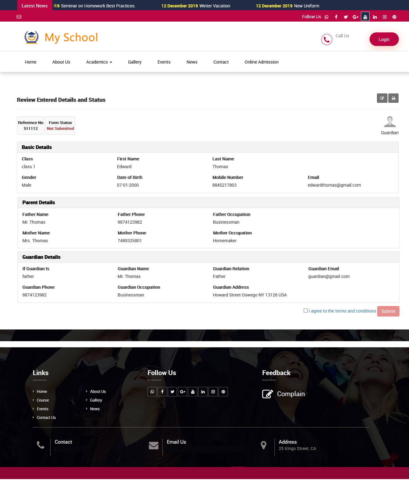 online admission check review detail